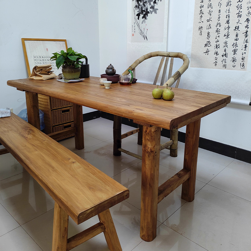 老榆木禅意茶桌餐桌书桌一体两用旧门板大木板中式复古全实木整板