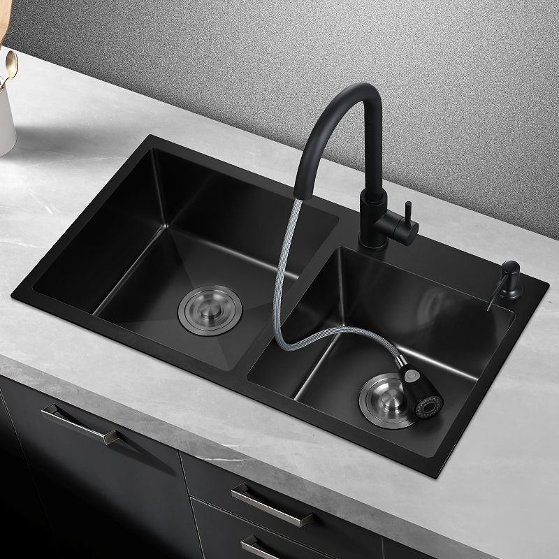 黑色水槽双槽 纳米洗菜盆厨房304不锈钢水池洗碗池菜台下盆家用
