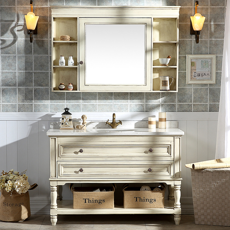 美式浴室柜组合实木落地式岩板洗脸盆池洗漱台镜柜卫生间洗手盆柜
