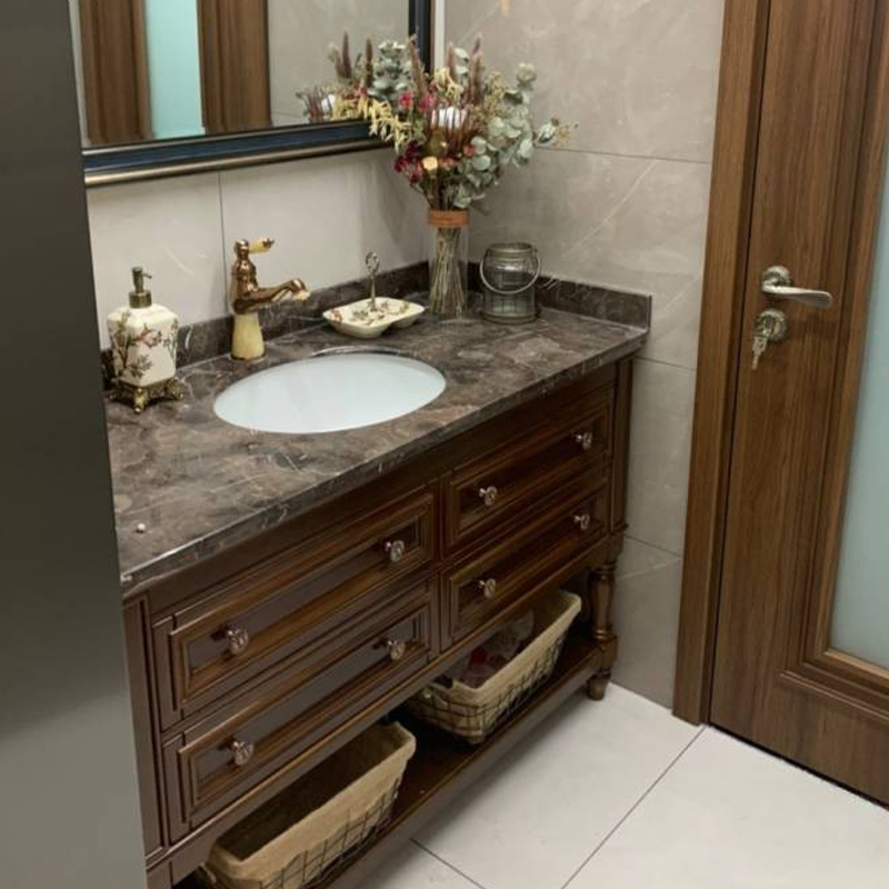 美式浴室柜组合实木落地式洗漱台天然大理石卫生间复古洗手洗脸盆