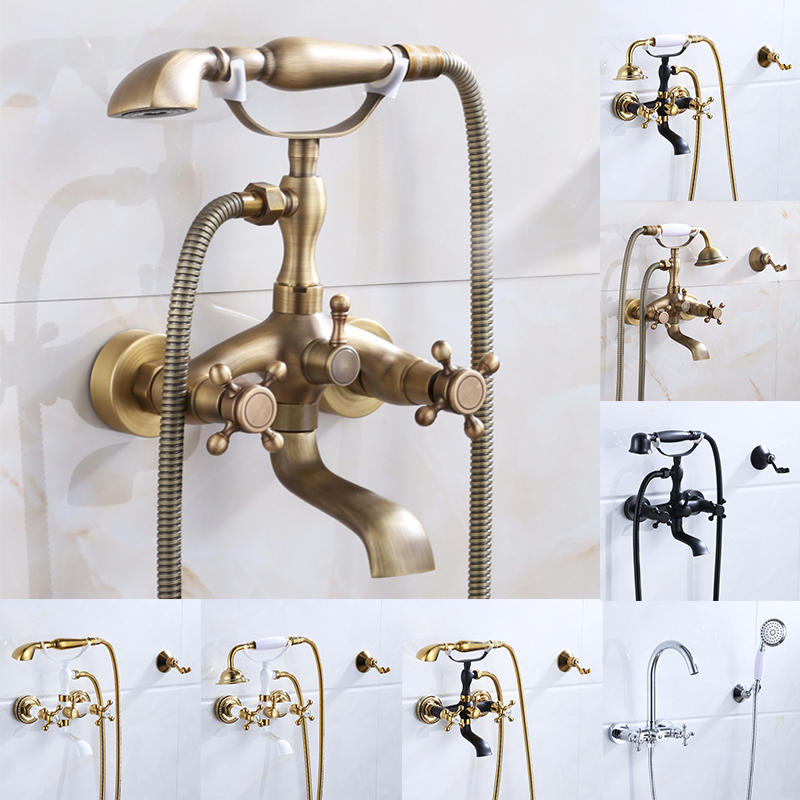 欧式复古全铜哑黑色浴缸水龙头卫生间浴室简易冷热水入墙淋浴花洒