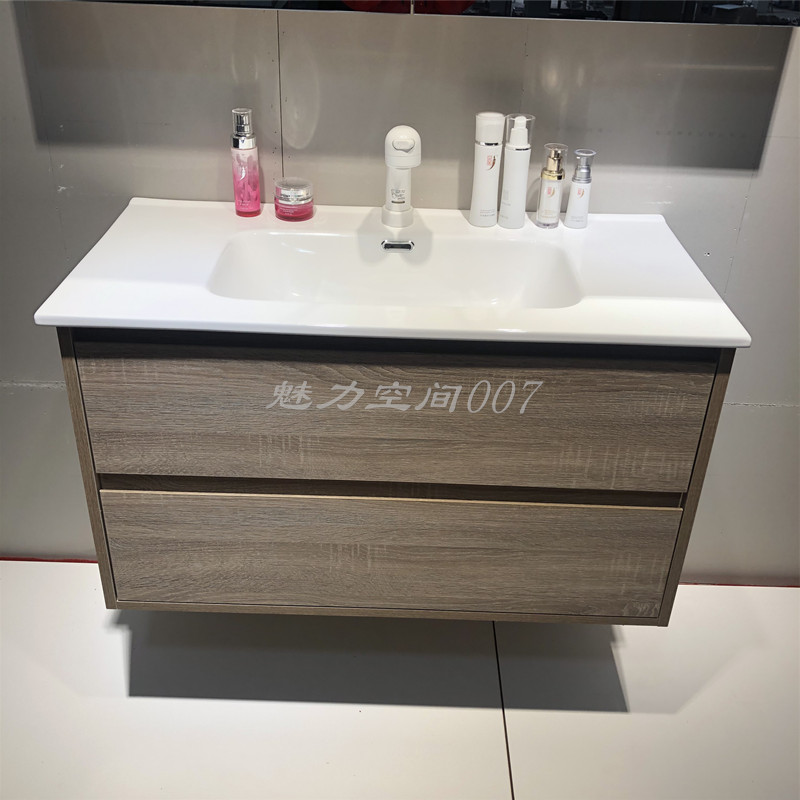 日式挂墙式浴室柜一体陶瓷盆洗脸池多层实木卫浴柜60-120CM