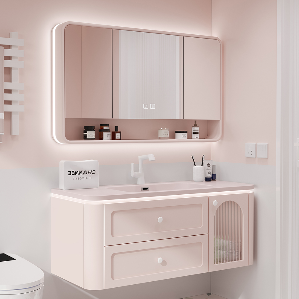 橡木轻法式浴室柜陶瓷一体盆卫浴柜洗漱台洗脸池粉色洗手盆柜组合