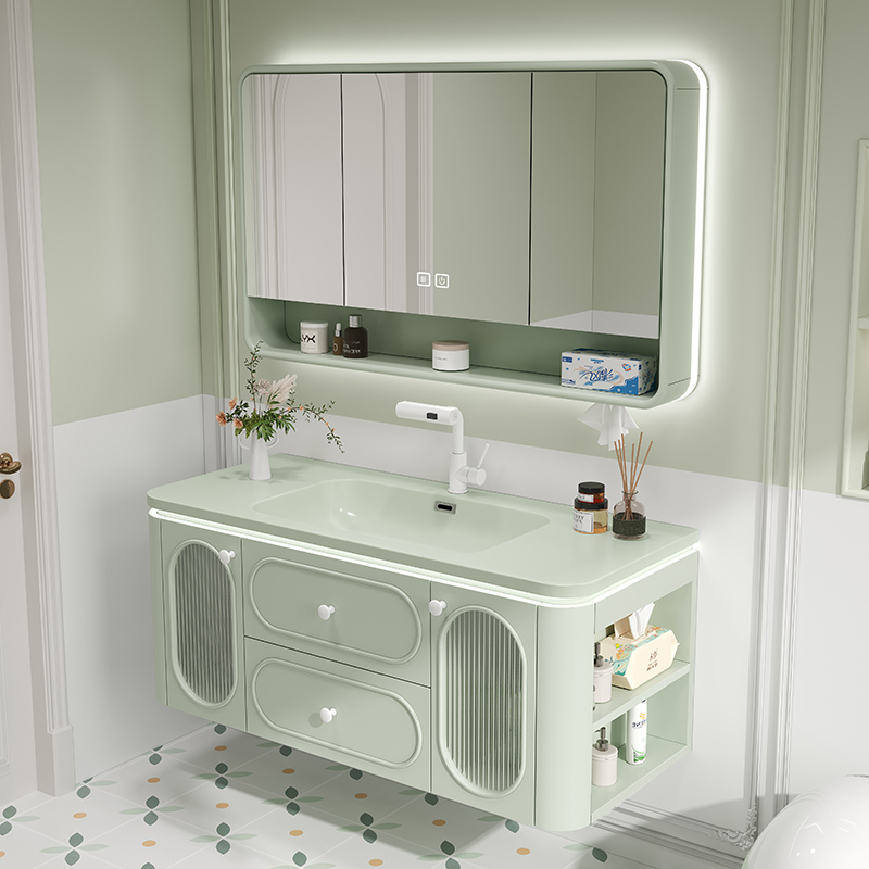 新客减牛油果绿色浴室柜组合洗脸池洗手台陶瓷一体盆奶油风洗漱台