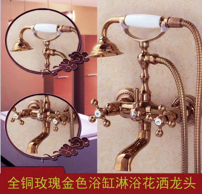 铜欧式现代浴缸淋浴龙头缸边花洒冷热淋浴龙头玫瑰金色电话机龙头