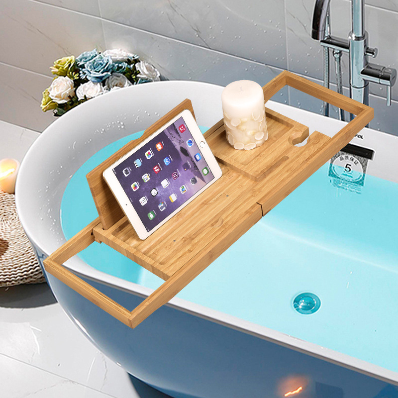 厂家竹制浴缸架粉色伸缩收纳架卫生间置物架多功能木质浴缸泡澡架