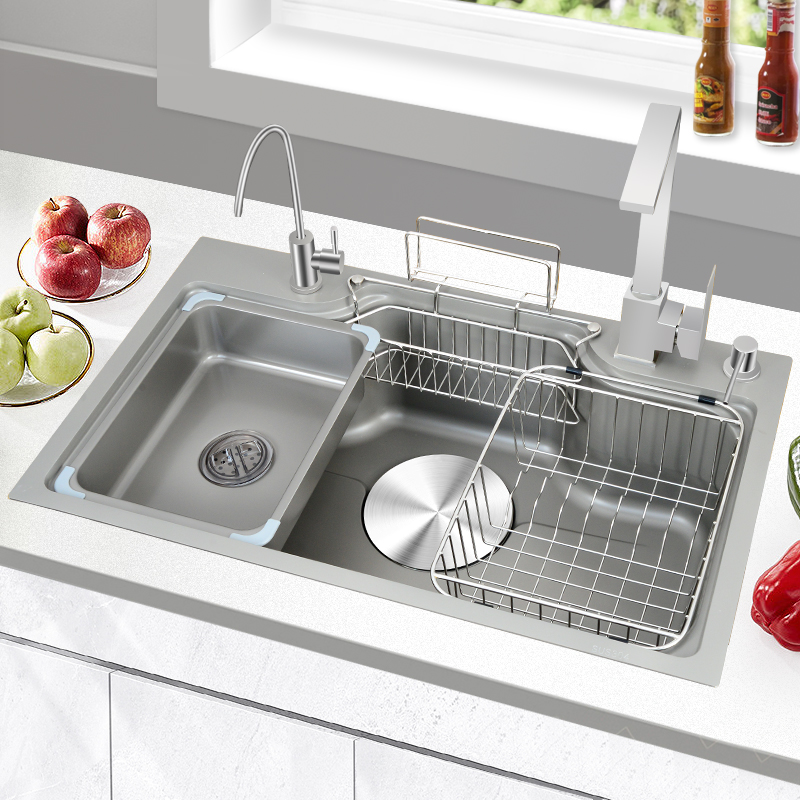 灰色日式厨房水槽大单槽洗菜盆304不锈钢加厚台下盆洗碗槽洗菜池