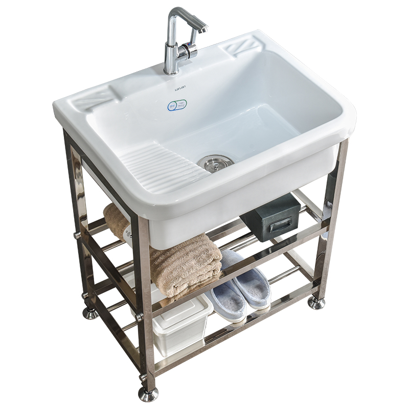 新品陶瓷洗衣池阳台家用带搓板洗衣盆洗衣台带钢架水池水槽一体台