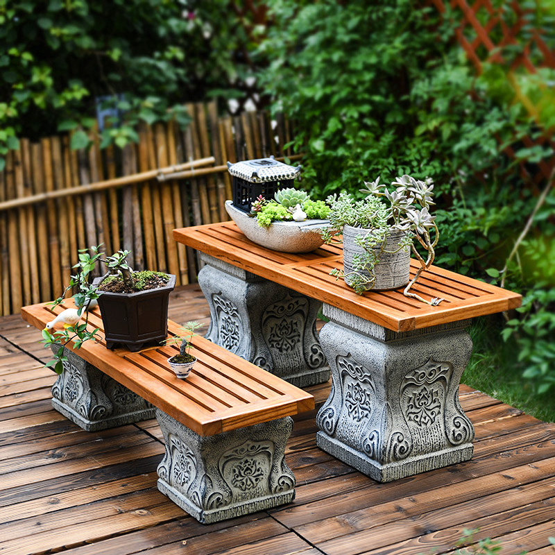 极速中式院子人造石墩底座庭院花园装饰布置创意阳台实木长条置物