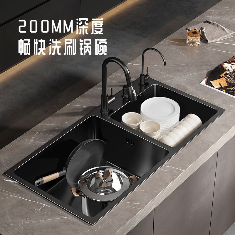 304不锈钢黑双水槽瀑布水槽y厨房手工加厚台下盆洗菜盆洗碗池洗手