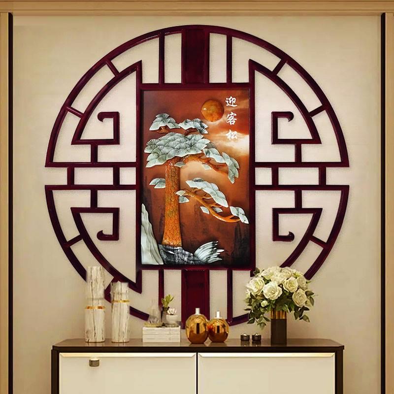 新中式圆形装饰画入户玄关五福临门餐厅实木雕壁画玉石画玉雕挂画