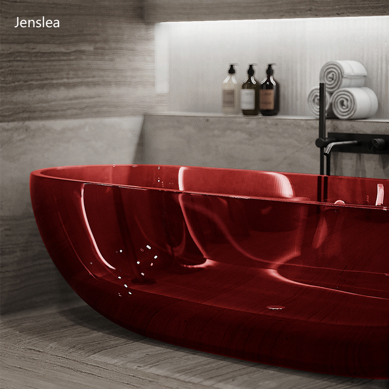 轻奢高级感网红彩色透明红色树脂人造石一体成型深泡浴缸家用独立