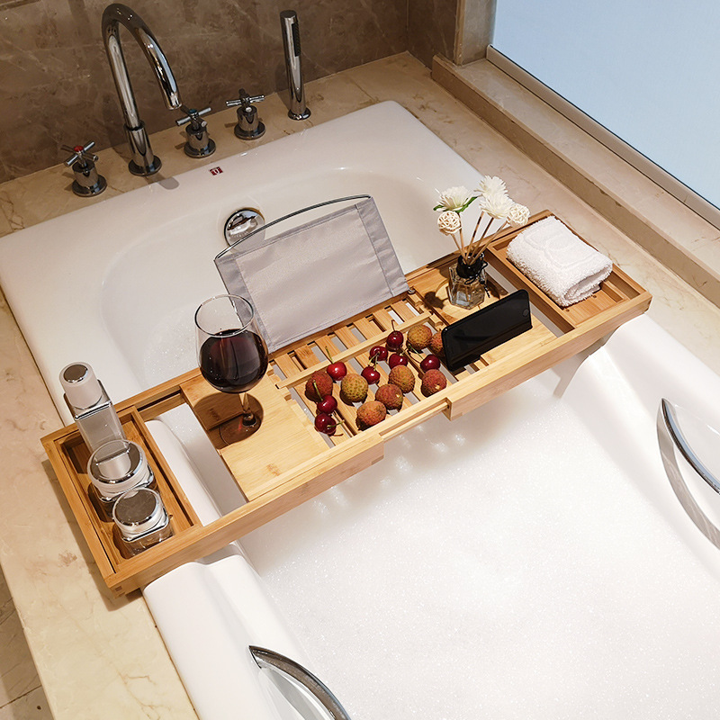 抽拉式竹制浴缸置物架收纳托盘 可伸缩折叠浴室平板架子浴缸架