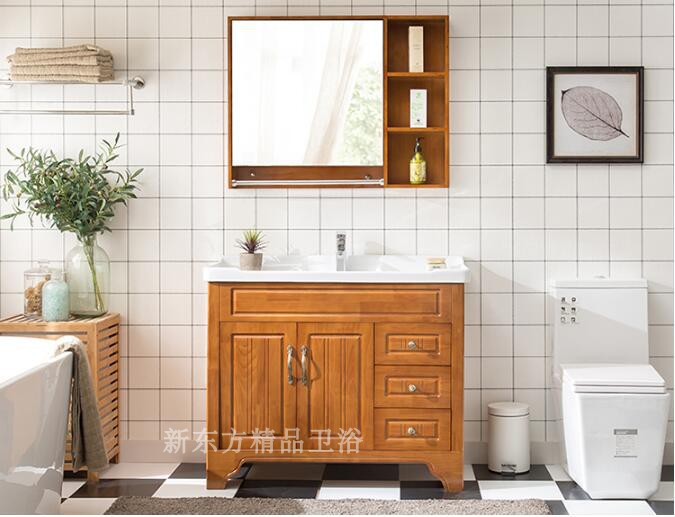 北欧新中式橡木浴室柜组合卫浴落地式洗脸盆洗手盆实木洗漱盆B001