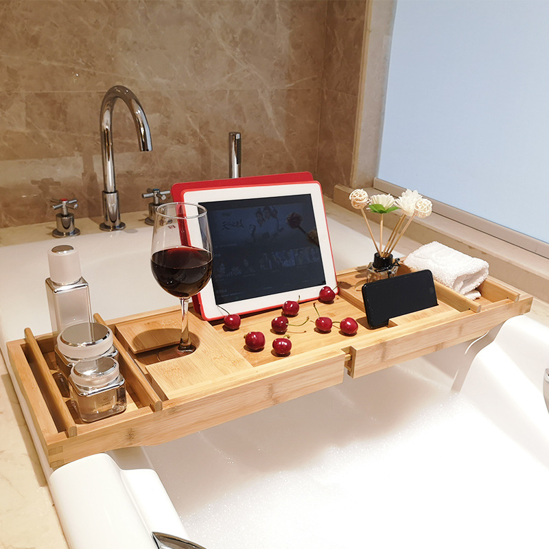 浴缸架竹制多功能可伸缩泡澡红酒架平板手机支架浴缸置物架可