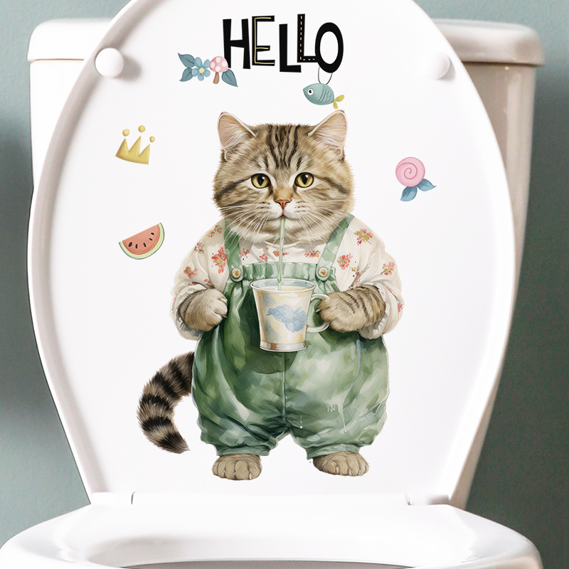 卡通可爱猫咪浴室瓷砖马桶贴纸墙壁贴画盖子水箱装饰布置防水壁纸