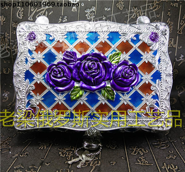 Z3俄罗斯锡金属首饰盒长方形大号方格纹银边蓝咖色紫玫瑰花有镜锁