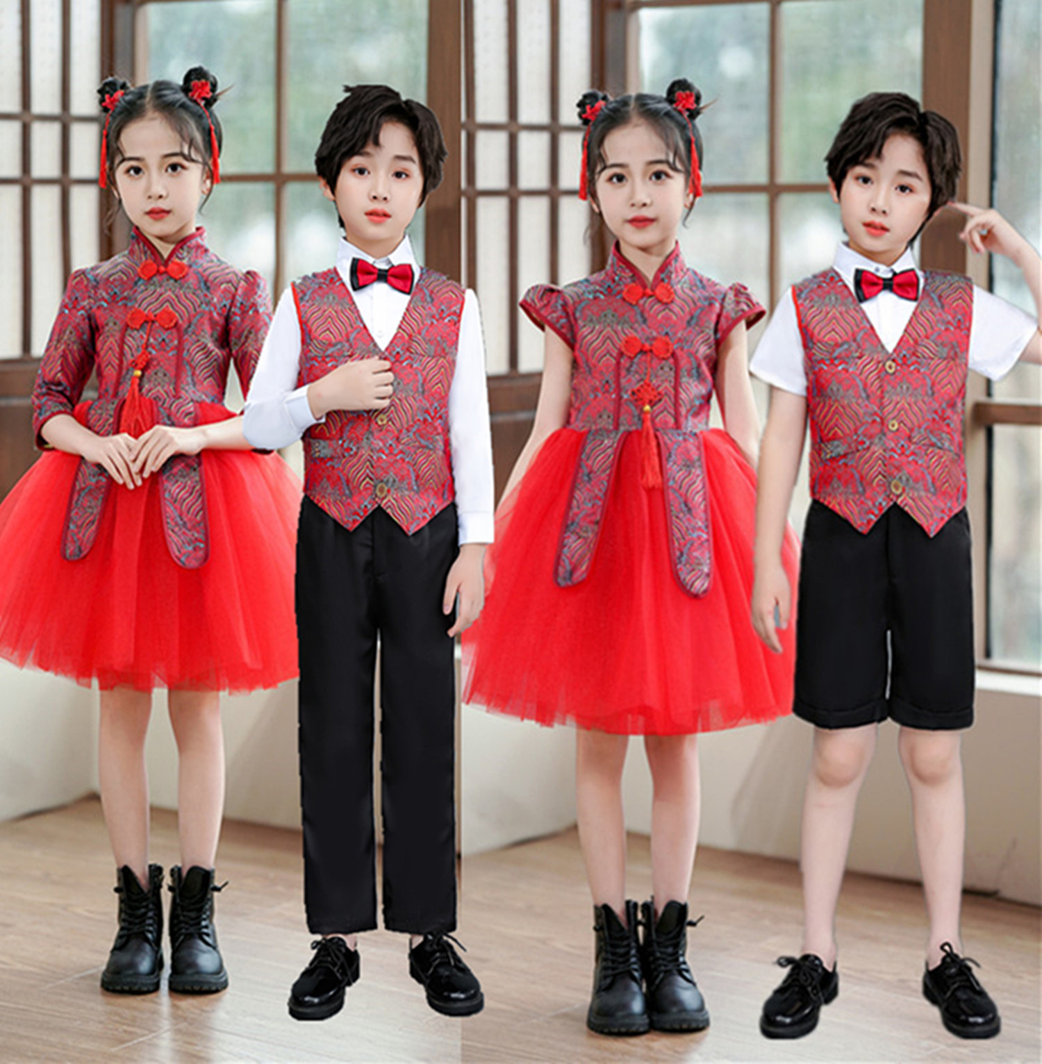 六一儿童演出服小学生红色合唱团幼儿园喜庆舞蹈蓬蓬纱裙表演服装