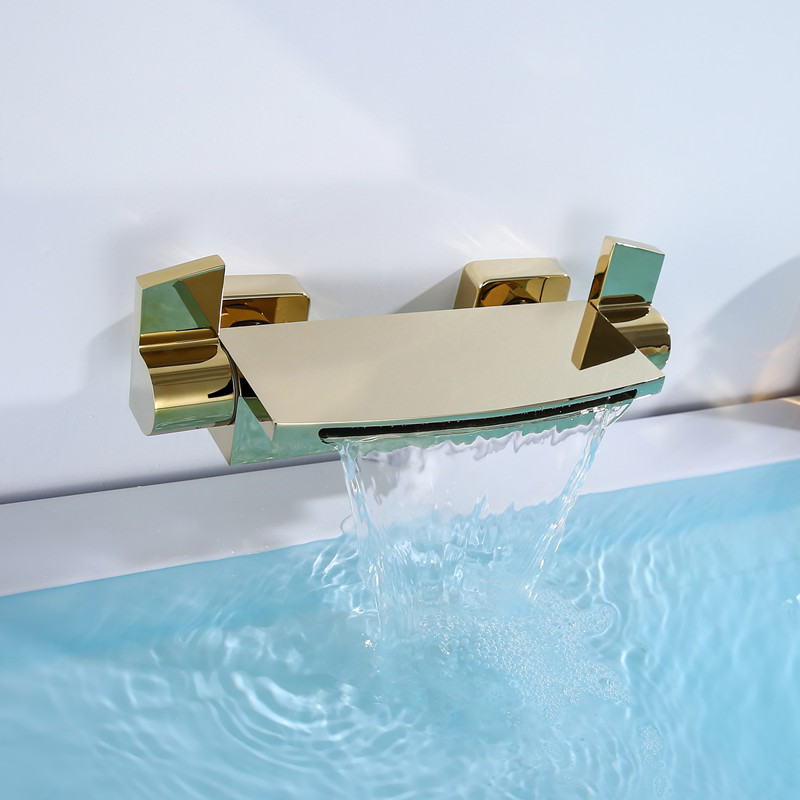 全铜金色浴缸龙头冷热水简易挂墙式混水阀淋浴花洒套装瀑布水龙头