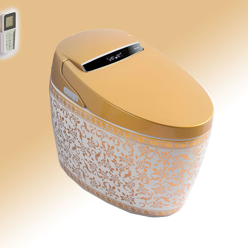 金色智能马桶电镀金花便器烘干妇洗自动翻盖无水压要求可选