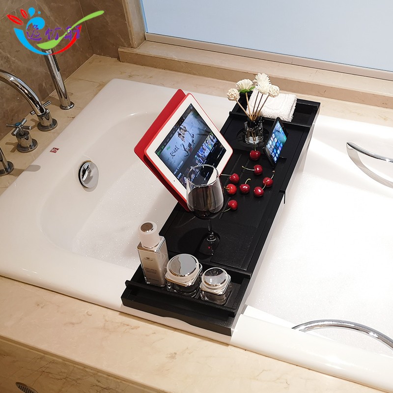 竹制浴缸置物架欧式多功能伸缩防滑泡澡红酒支架ipad手机平板支架