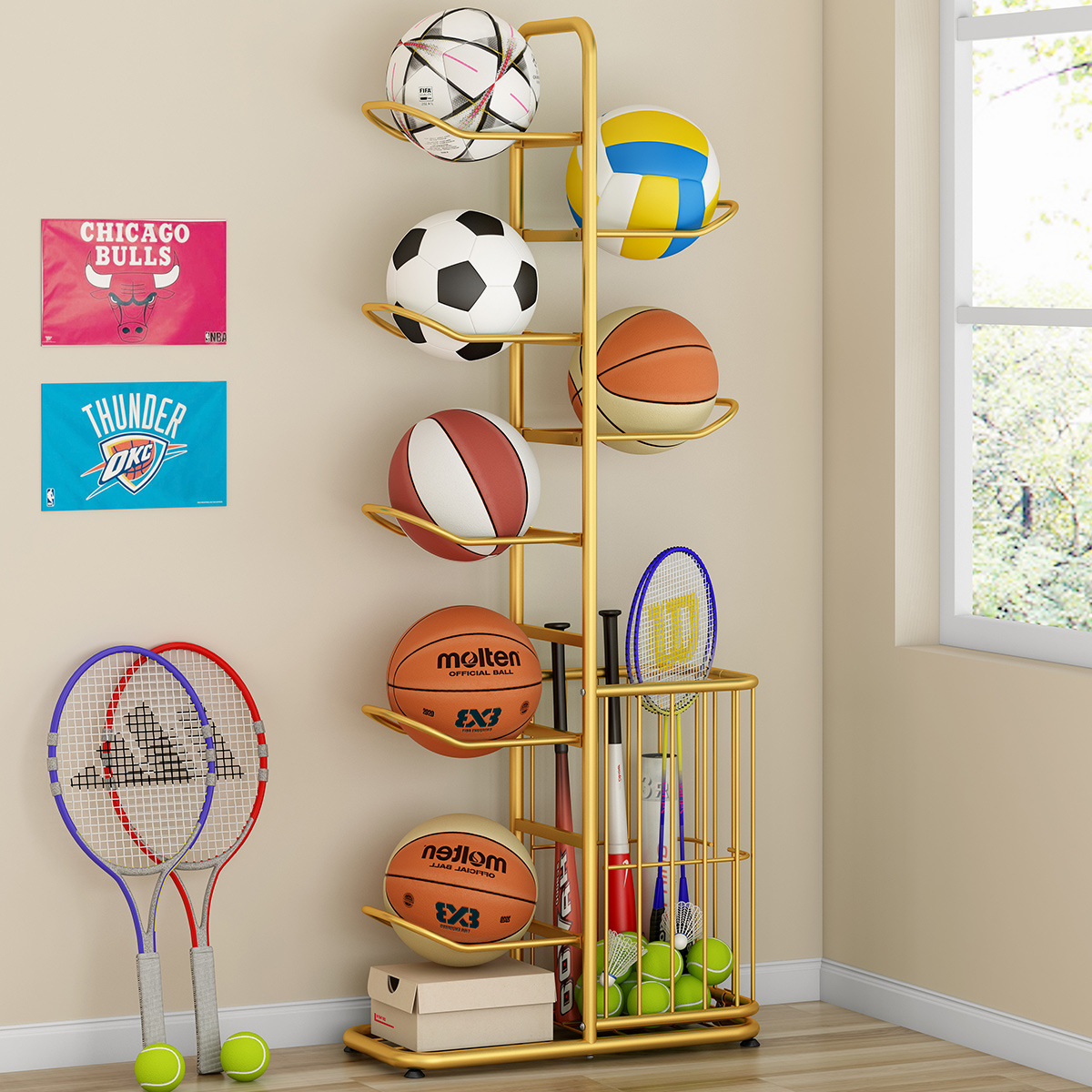 篮球收纳架家用儿童玩具球类多层落地收纳筐乒乓羽毛球拍置物铁架