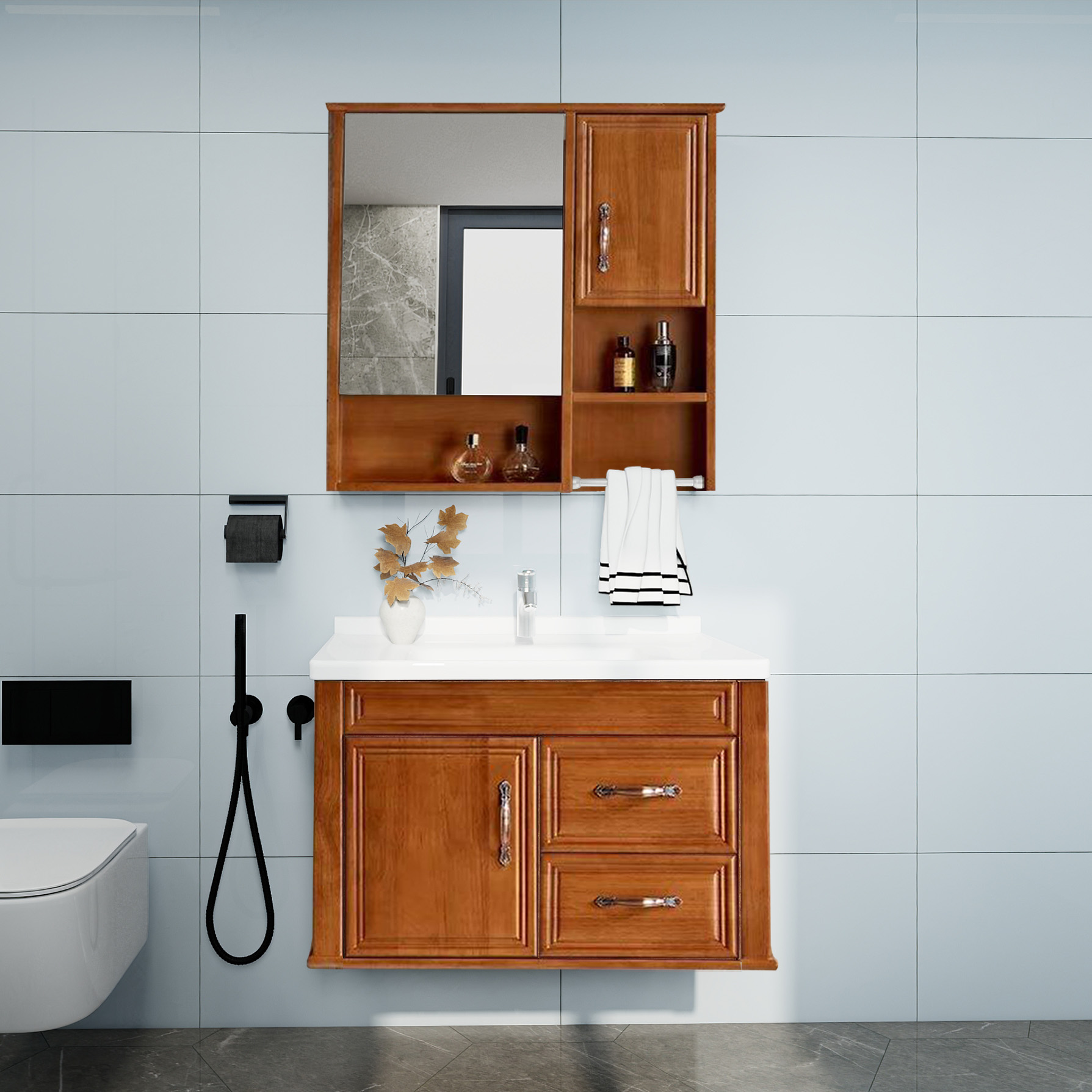 法蒽莎简欧中式橡木浴室柜组合卫生间陶瓷洗手盆洗脸池实木卫浴柜