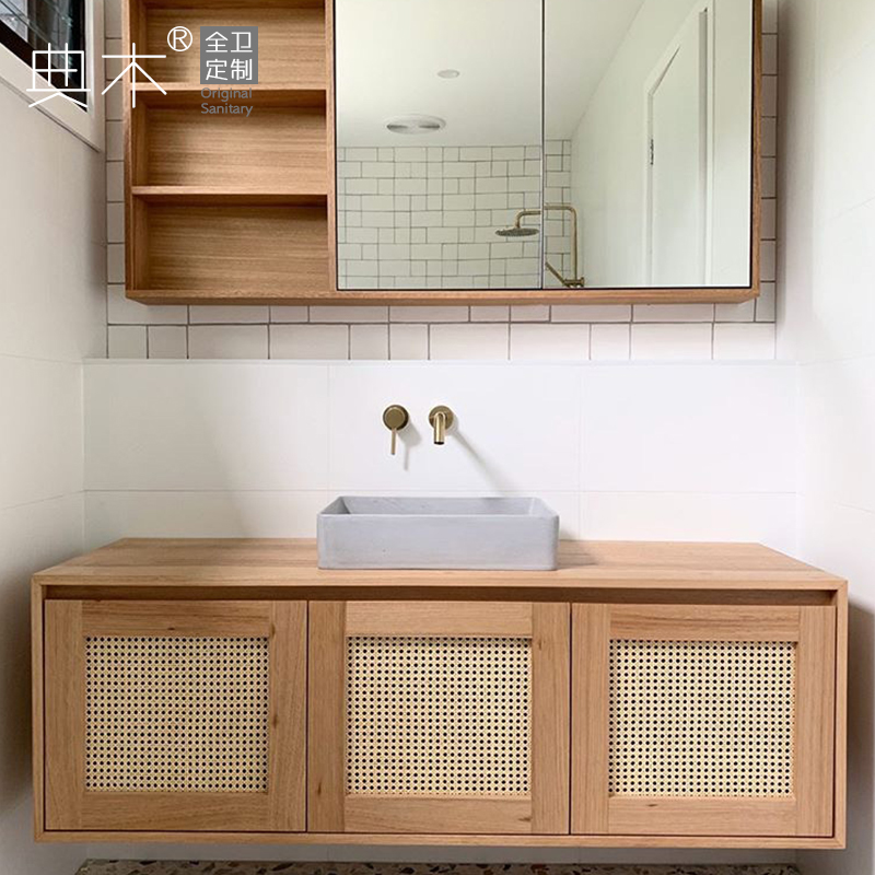 日式卫生间洗漱台现代简约浴室柜组合侘寂岩板北欧洗脸盆柜镜定制