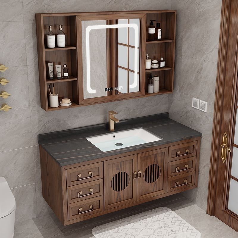 新中式浴室柜实木红橡木吊柜卫生间洗脸盆柜组合洗漱台洗手盆加工