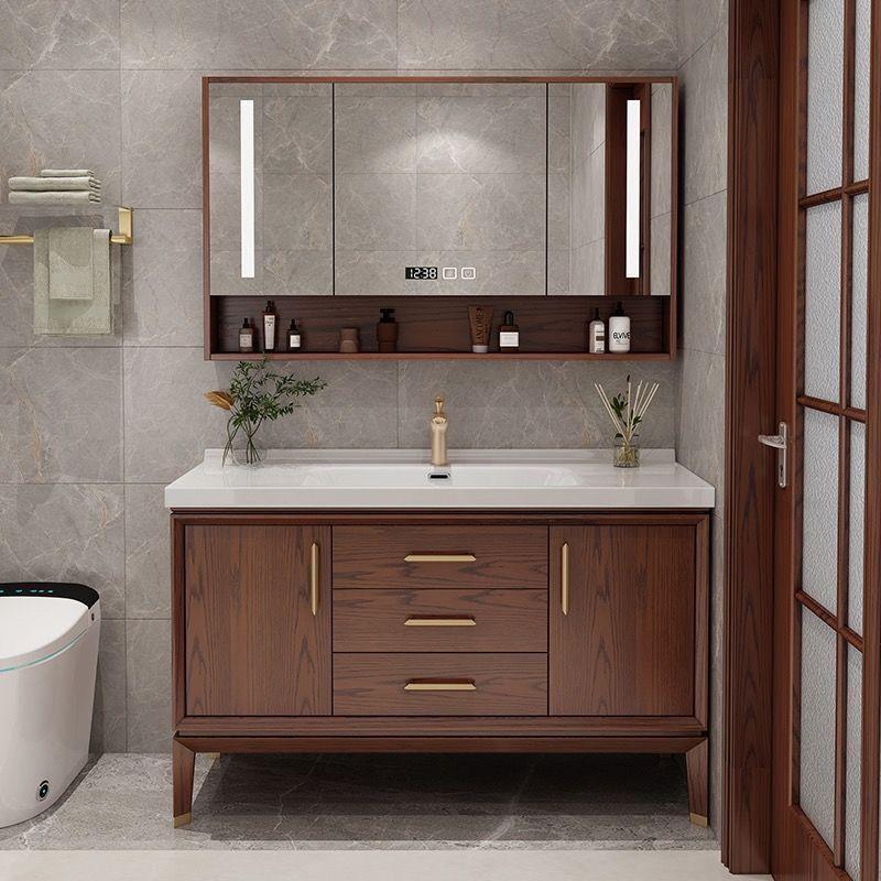美式浴室柜新中式浴室柜实木红橡木落地卫生间智能洗脸盆柜组合洗
