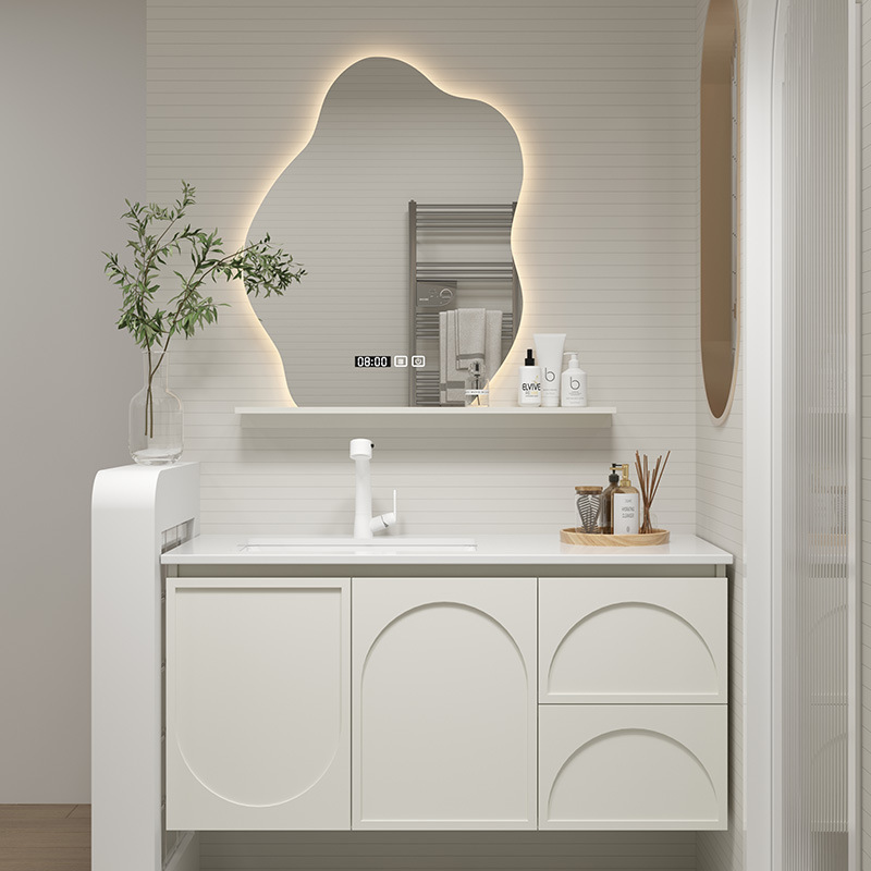 新款法式奶油时尚简约实木现代岩板卫浴柜浴室柜洗脸台盆智能镜柜