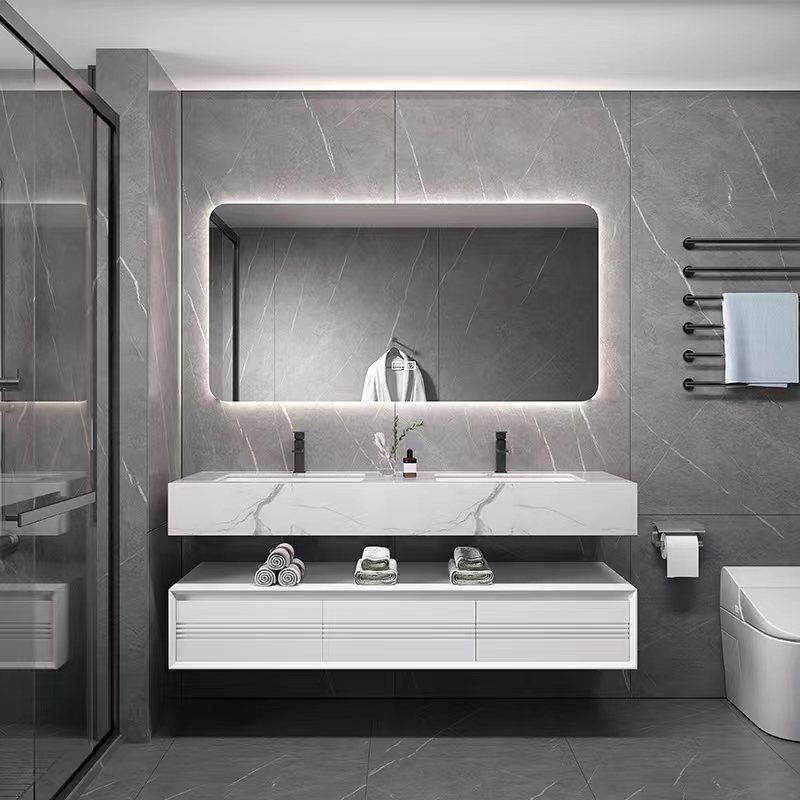 岩板浴室柜组合现代简约卫生间双盆洗漱台洗脸洗手盆智能镜柜套装