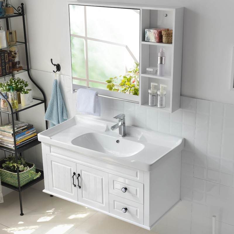 白色浴室柜约卫生间洗漱台挂墙式洗脸盆卫浴柜洗手台盆组合。