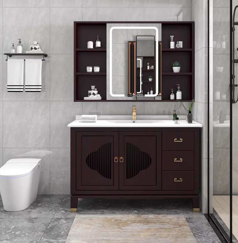 新中式实木浴室柜大理石洗脸台智能镜柜组合盆柜卫生间橡木卫浴柜