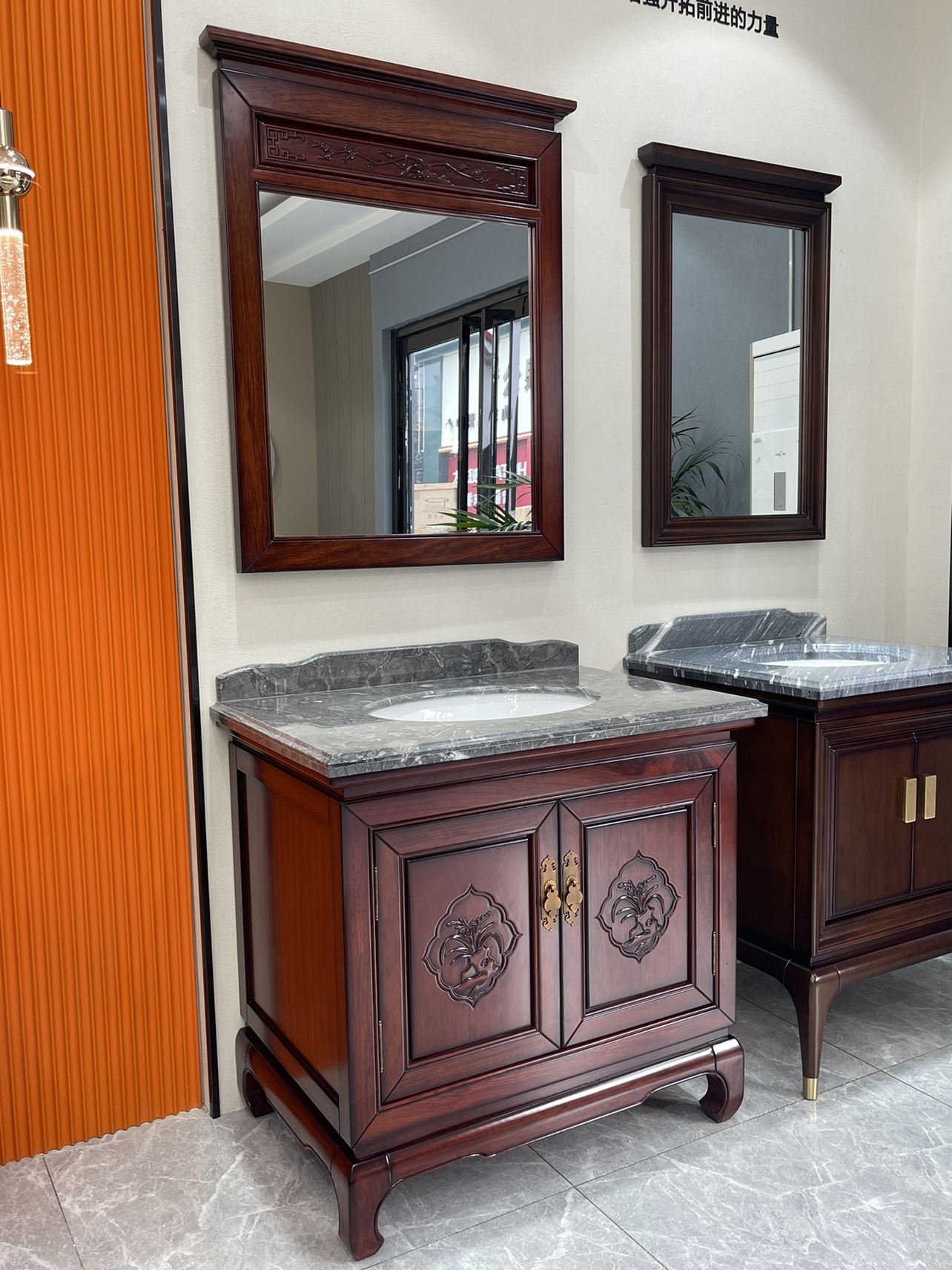 古典中式花梨木浴室柜 大理石台面 陶瓷台下洗脸盆