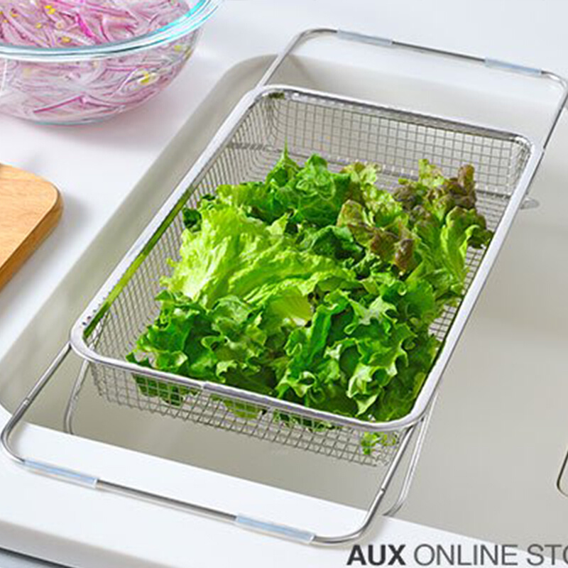 日本制不锈钢可伸缩厨房水槽洗菜篮沥水架碗筷架蔬菜篮置物架*