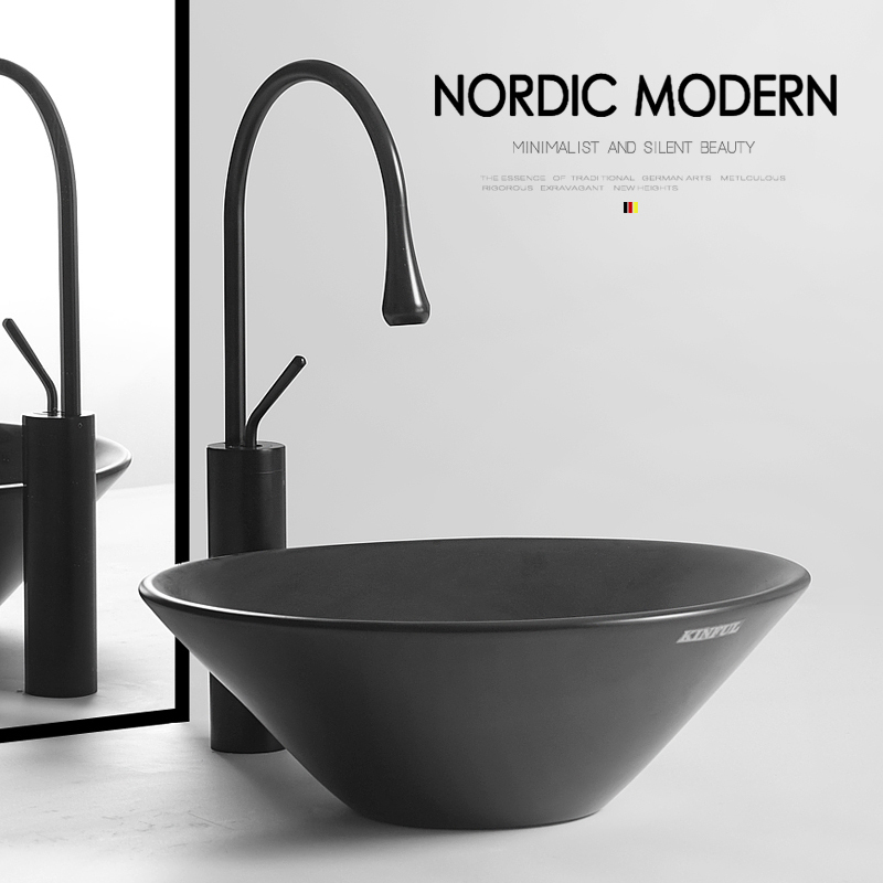 北欧创意哑光黑色喇叭型陶瓷台上盆洗手盆家用卫生间深洗脸盆单盆