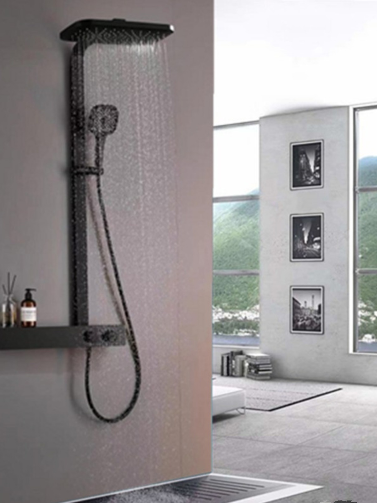 出口智能恒温沐浴淋浴花洒套装全铜浴室平台玻璃置物架明装挂墙式