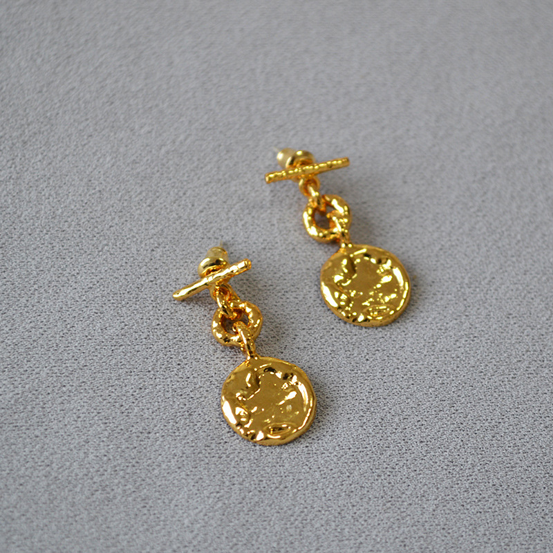 欧美小众设计复古黄铜镀金不规则肌理OT金币简约925银针耳钉耳饰