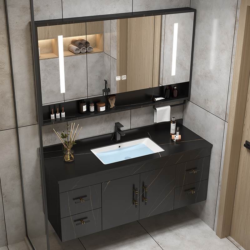 轻奢岩板浴室柜组合实木现代简约卫生间洗漱台洗手洗脸盆柜套装