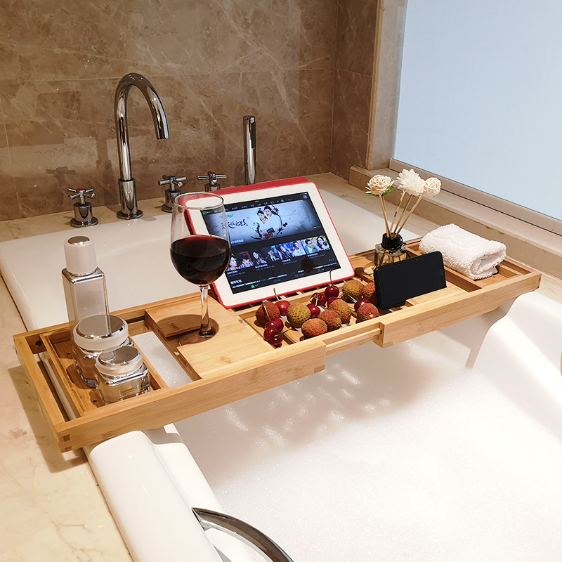 浴缸置物架泡澡支架伸缩防滑多功能平板手机架竹制浴盆浴桶置物架