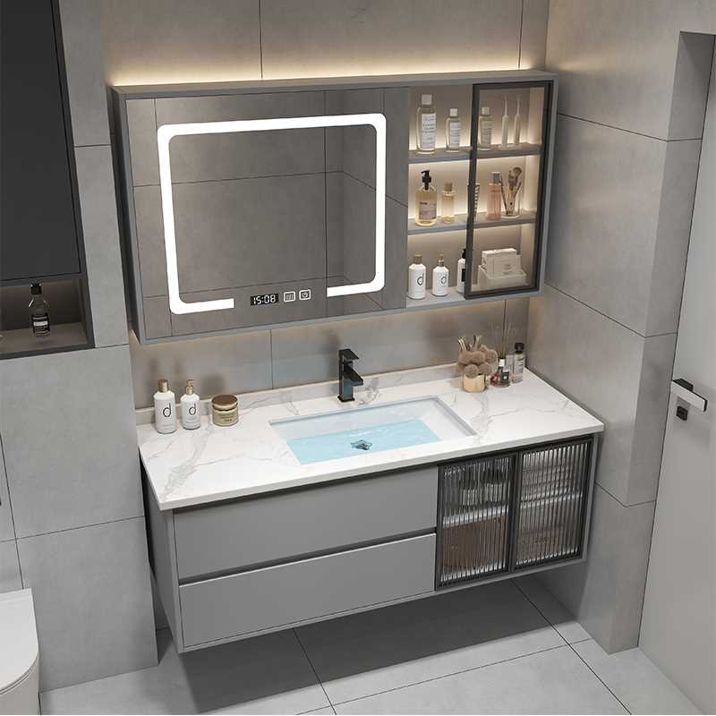 轻奢实木智能浴室柜组合卫生间洗手洗脸盆岩板一体现代简约洗漱台