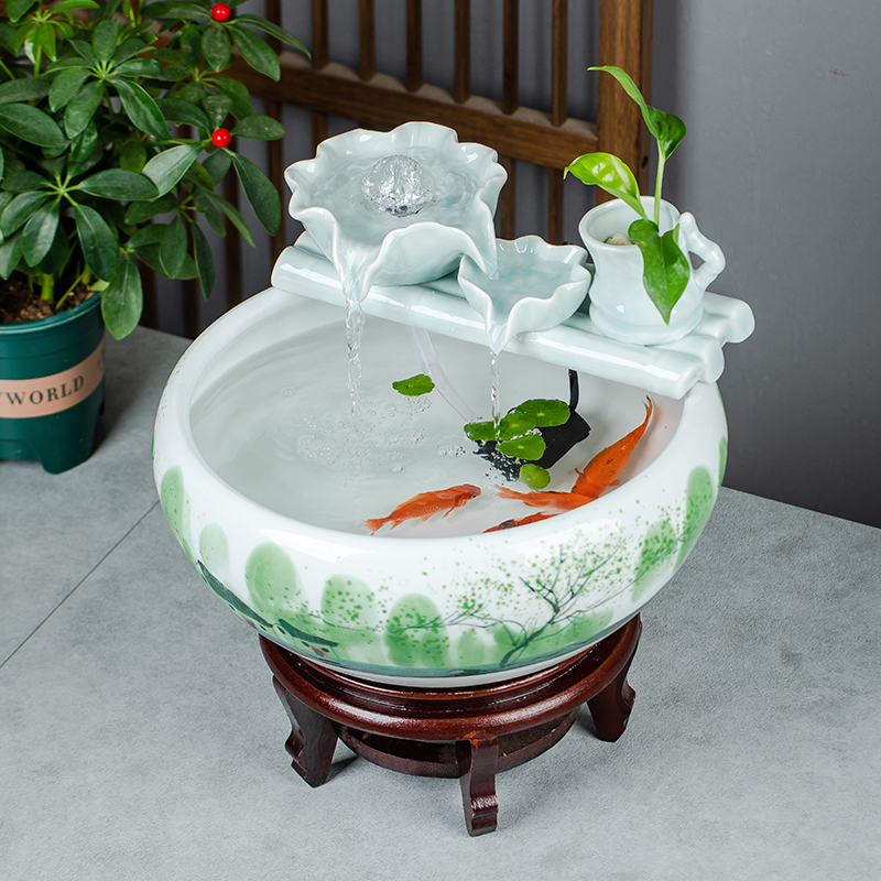 新款陶瓷鱼缸循环流水摆件景观金鱼缸乌龟缸水培缸睡莲盆陶瓷客厅