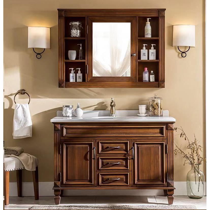 卫浴美式橡木浴室柜轻奢智能镜落地式卫生间洗手台盆洗脸盆柜组合