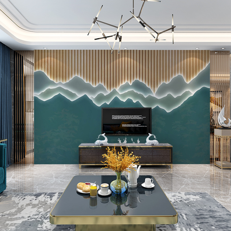 客厅饭店优雅3d立体壁画发光新中式木纹酒店电视背景墙墙纸壁画