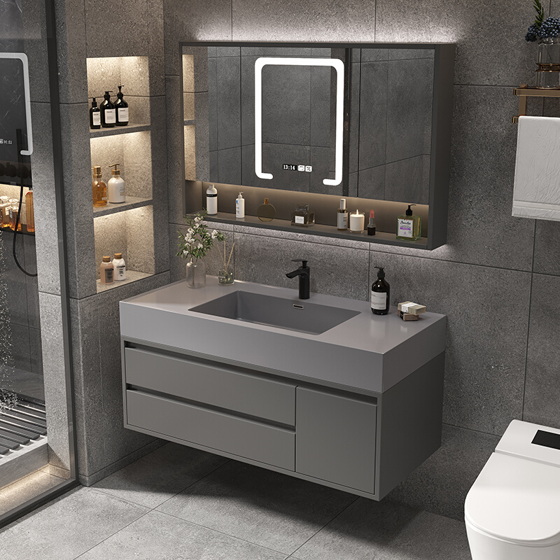 新款轻奢现代智能浴室柜镜柜组合纳米岩石一体洗脸洗手面盆洗漱台