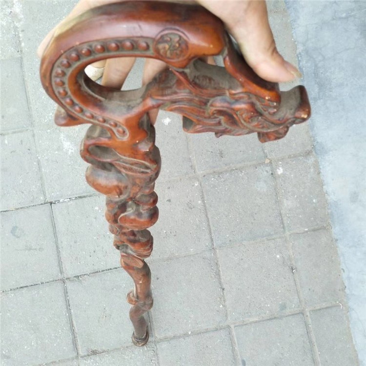 古玩工艺品收藏复古做旧木雕刻桃木龙头寿桃拐杖摆件