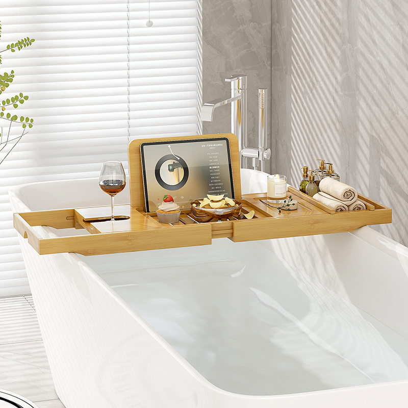 家用竹制浴缸置物架可伸缩托盘多功能红酒架平板手机支架泡澡神器
