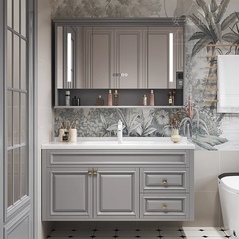 美式浴室柜组合一体陶瓷盆悬空壁挂式卫生间洗脸池智能储物镜白色