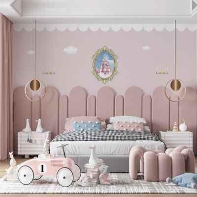 北欧简约暖色儿童房墙纸女孩房粉色卧室床头背景墙布环保定制壁纸